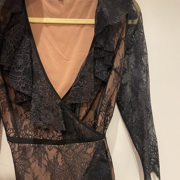 For Love And Lemons Black Lace Long Sleeve Ruffle Mini Dress - Picture 3 of 4